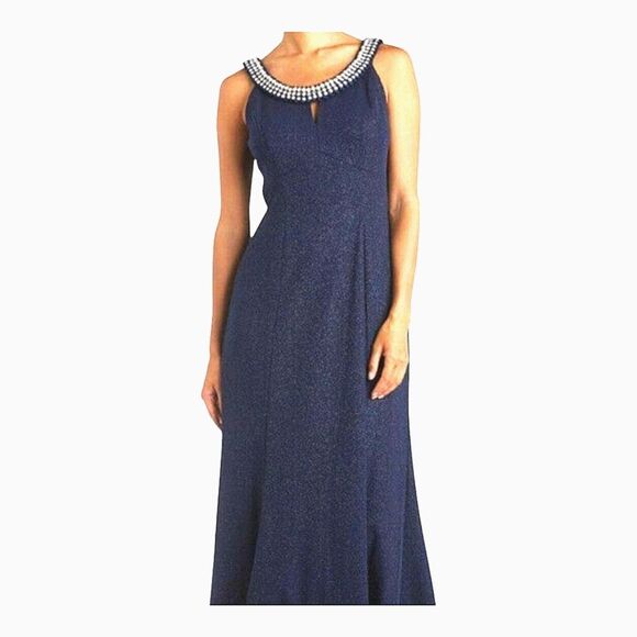 R&M Richards Metallic Formal Gown Pearl Rhinestone Floor Length Blue sz 14 Lined - Picture 1 of 16